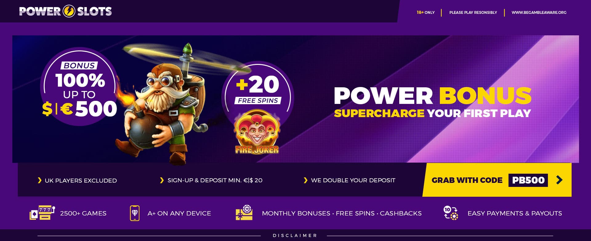 €/$500 Bonus + 20 Free Spins | Power Slots Casino